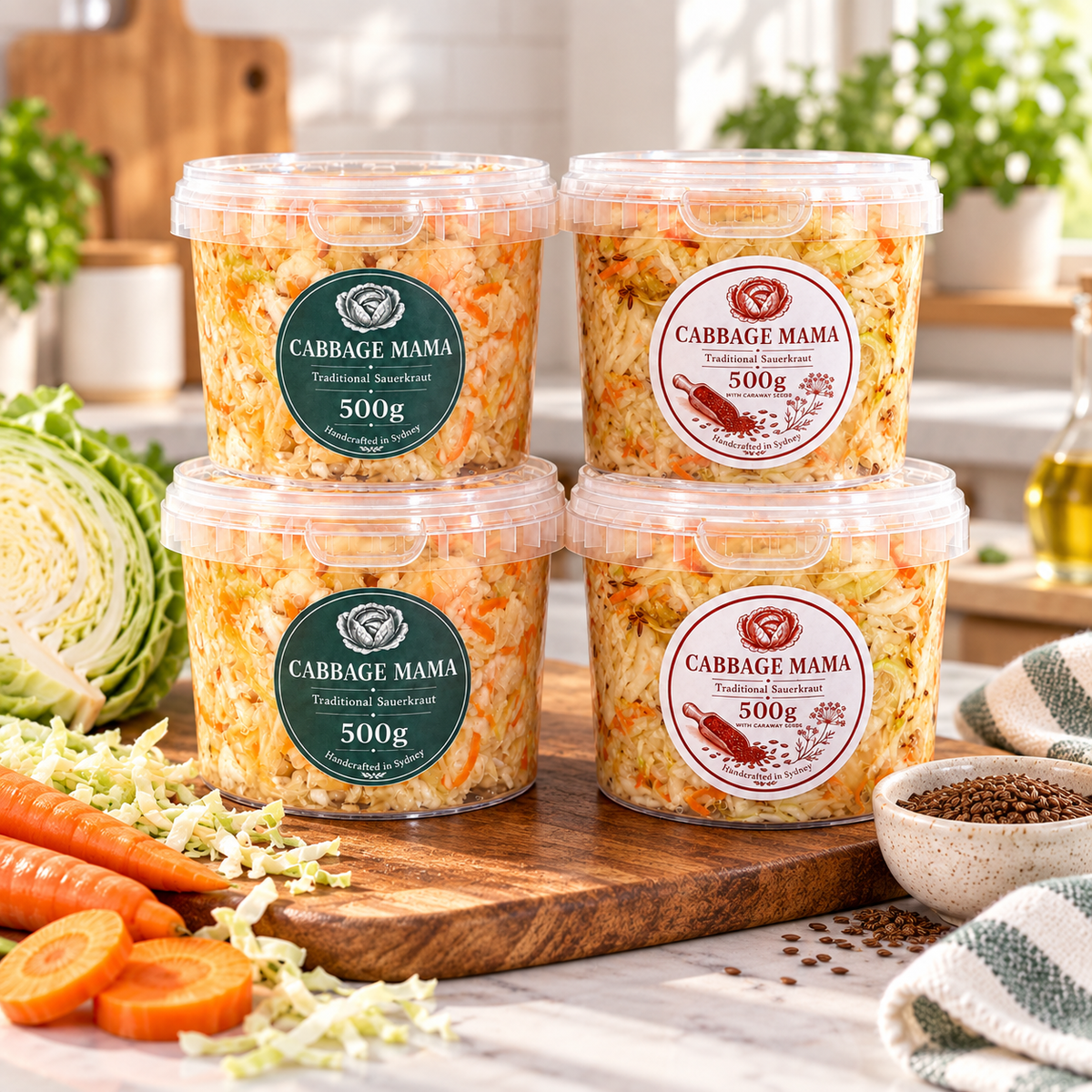 Cabbage Mama 2kg Family Pack with two 500g traditional sauerkraut jars and two 500g caraway seed sauerkraut jars.