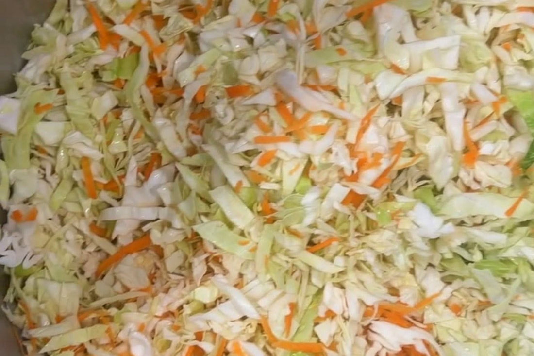 Freshly shredded cabbage and carrot prepared for Cabbage Mama sauerkraut fermentation.