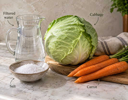 Fresh cabbage, carrots, salt and filtered water used to make Cabbage Mama sauerkraut.