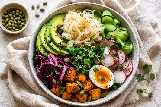Healthy sauerkraut power bowl with avocado, roasted sweet potato, cucumber, radish, soft-boiled egg and naturally fermented Cabbage Mama sauerkraut.