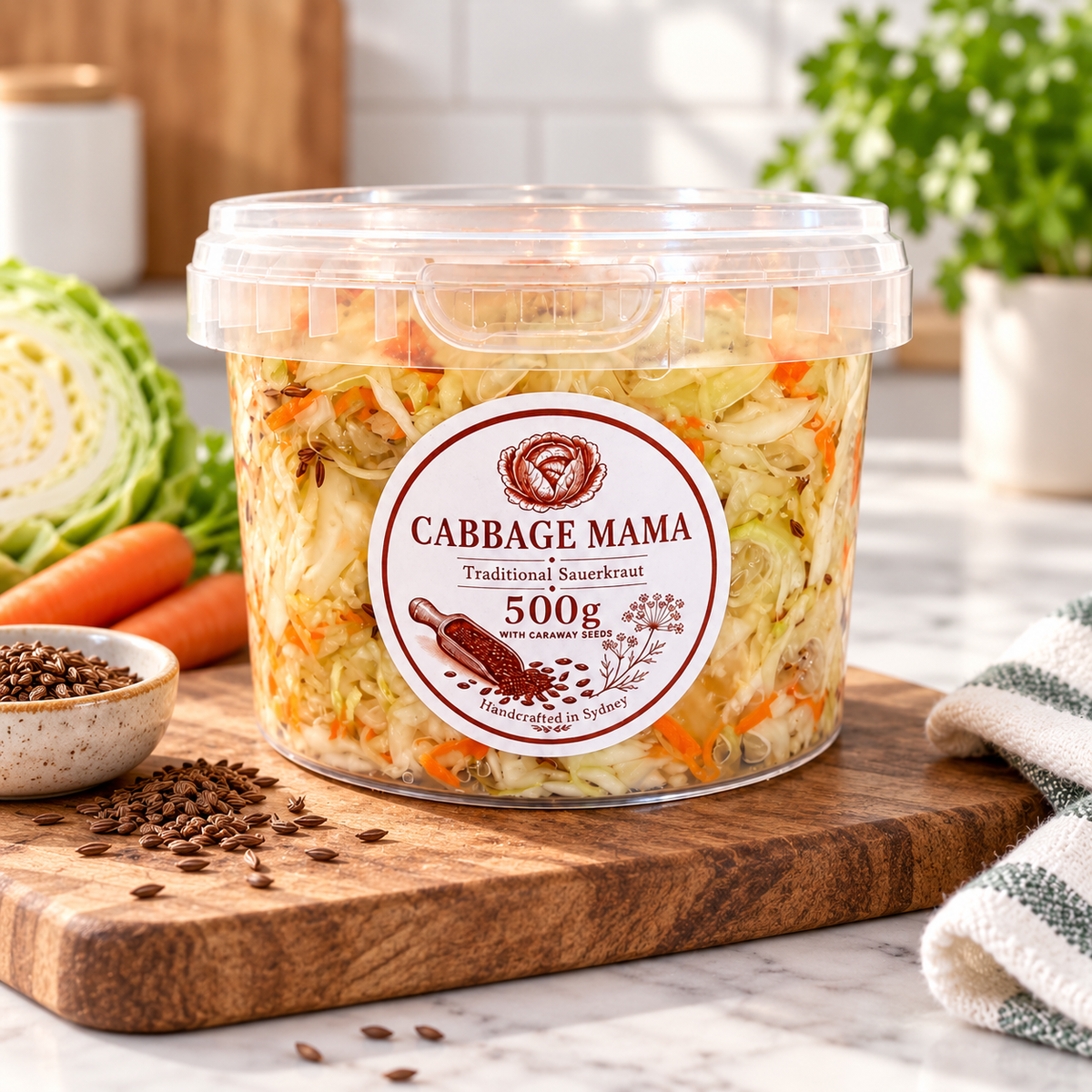 Cabbage Mama 500g traditional sauerkraut with carrots in a clear glass jar.