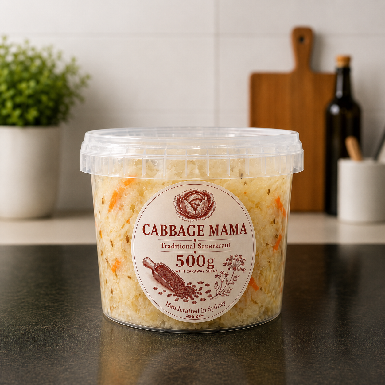 Cabbage Mama 500g traditional sauerkraut with caraway seeds, handcrafted in Sydney.