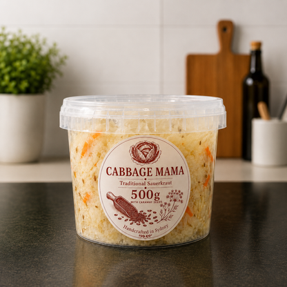Cabbage Mama 500g traditional sauerkraut with caraway seeds, handcrafted in Sydney.