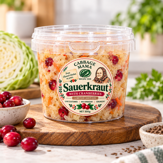 Cabbage Mama limited edition cranberry sauerkraut 500g tub with visible cranberries.