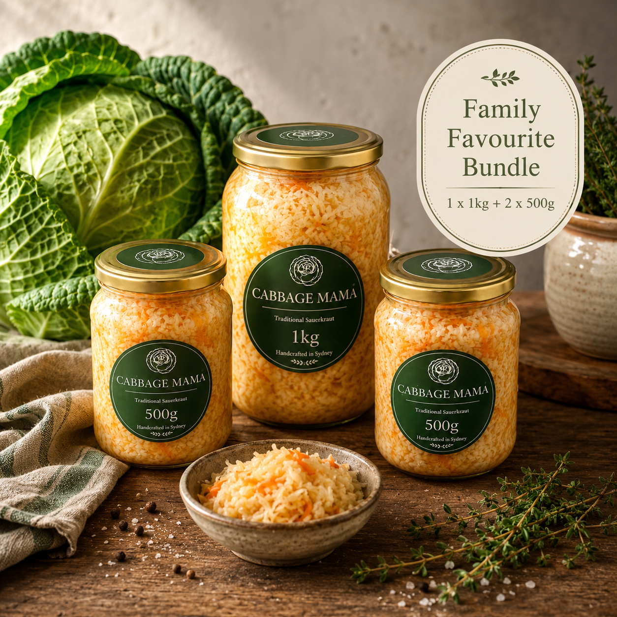 Cabbage Mama Family Favourite Bundle with one 1 kg jar and two 500 g jars of traditional small-batch sauerkraut, handcrafted in Sydney.