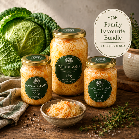 Cabbage Mama Family Favourite Bundle with one 1 kg jar and two 500 g jars of traditional small-batch sauerkraut, handcrafted in Sydney.