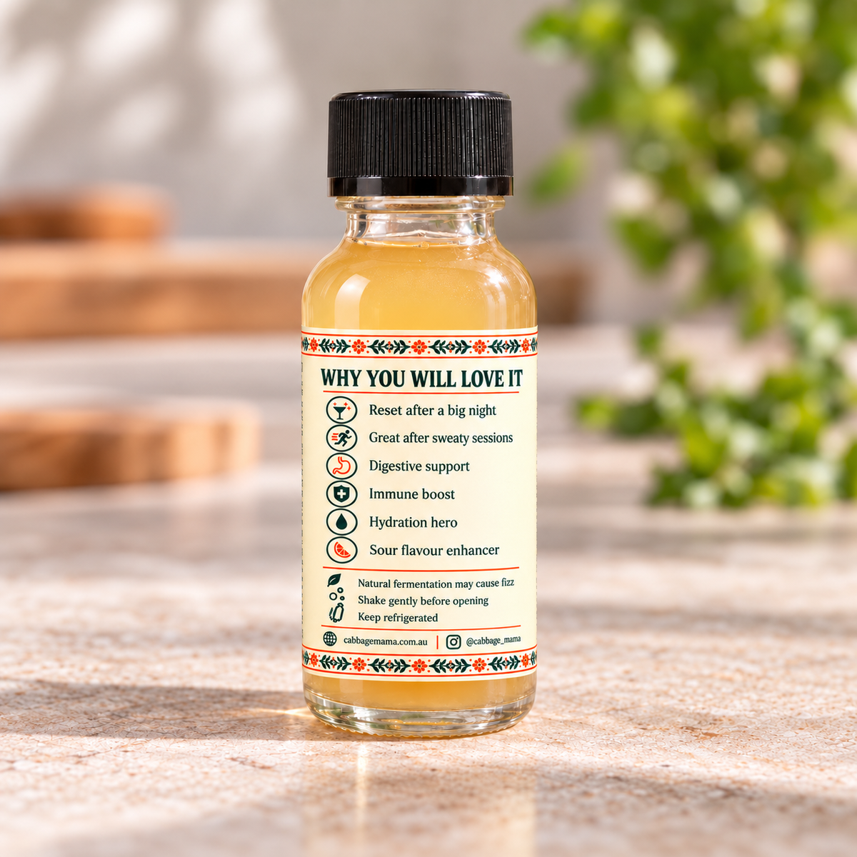 Back label of Cabbage Mama Reset Shot 60mL showing serving ideas, storage instructions and product benefits.