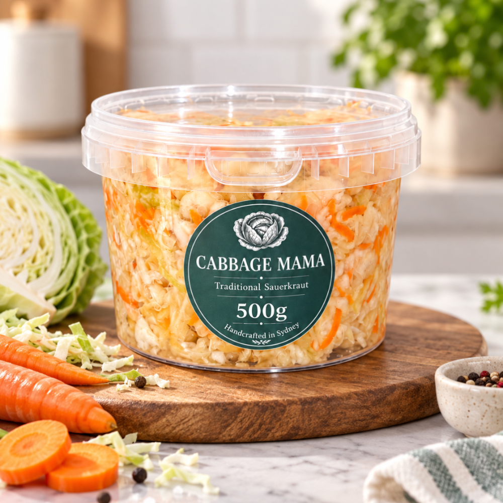 Cabbage Mama 500g traditional sauerkraut with cabbage and carrots in a glass jar.