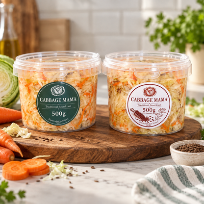Cabbage Mama First Taste Bundle with one 500g traditional sauerkraut and one 500g caraway seed sauerkraut container.