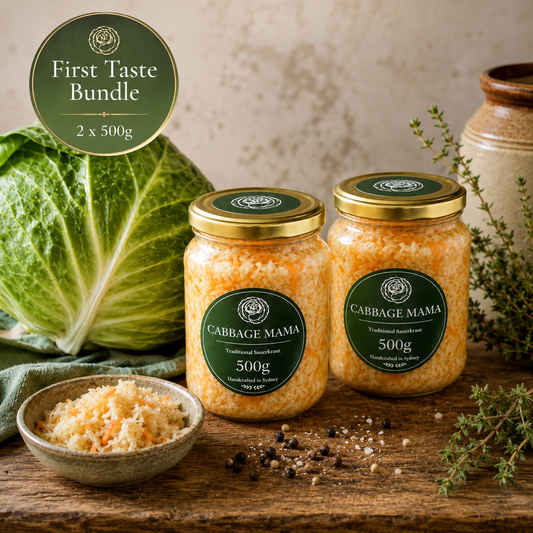 Cabbage Mama First Taste Bundle with two 500 g jars of traditional small-batch sauerkraut, handcrafted in Sydney.